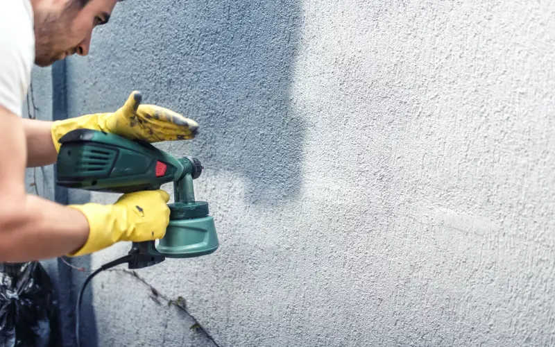 A man is painting a grey wall, renovating the exterior walls of a new house.